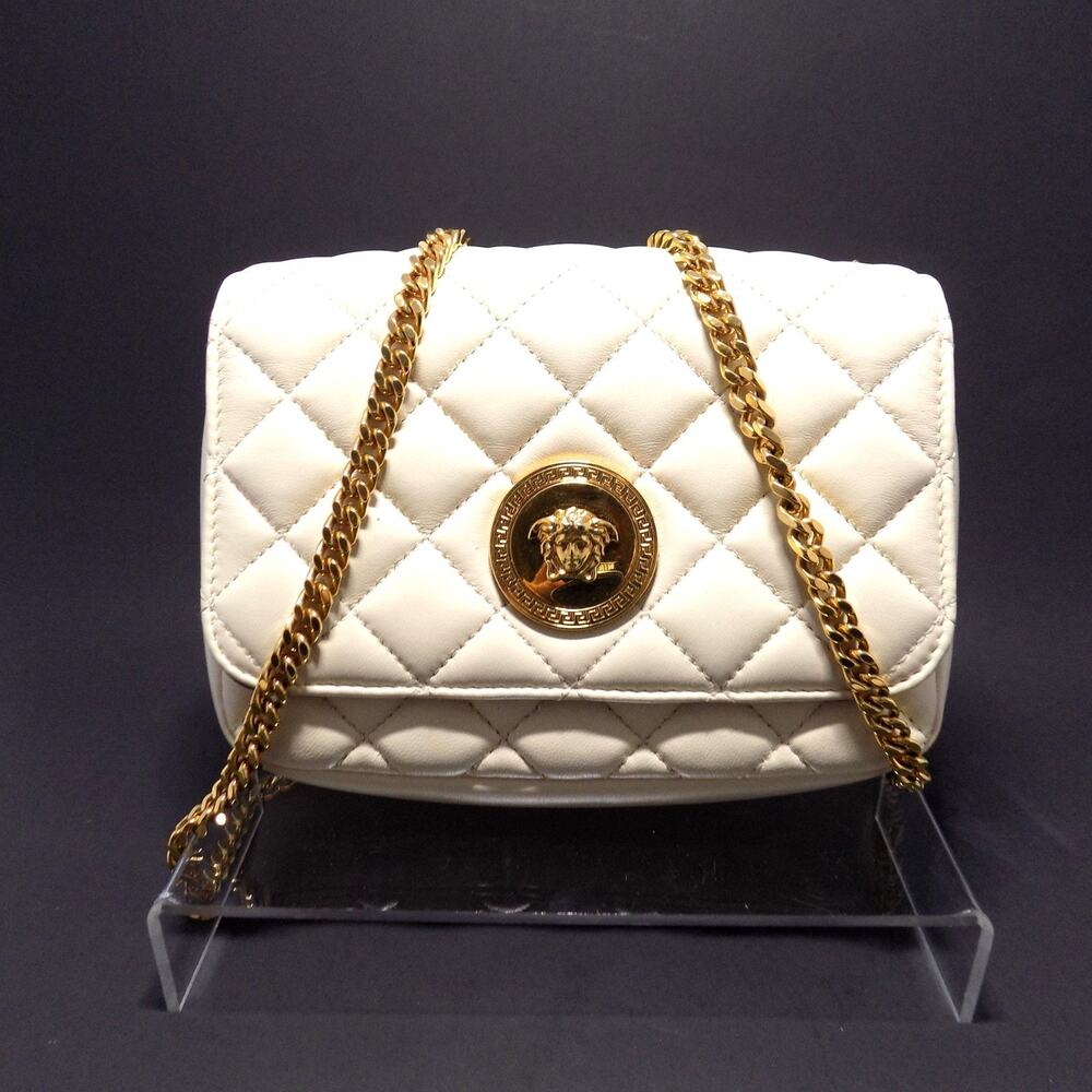 Versace La Medusa Plaque Quilted Leather Crossbody Bag Authentic-Cream